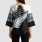 New Zealand Silver Fern Kimono Sleeve Blouse Maori Koru Mixed Taniko Pattern - Aussie Hoodie