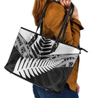 New Zealand Silver Fern Leather Tote Bag Maori Koru Mixed Taniko Pattern