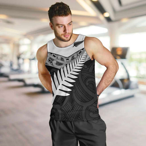 New Zealand Silver Fern Men Tank Top Maori Koru Mixed Taniko Pattern