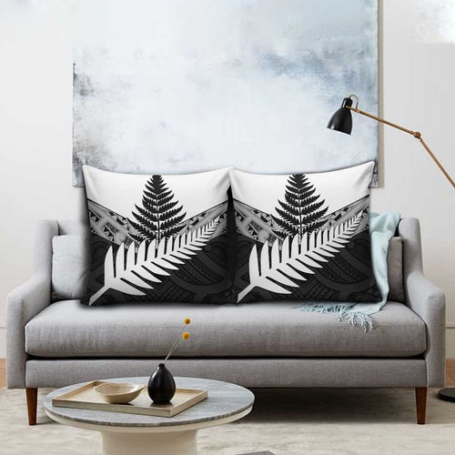 New Zealand Silver Fern Pillow Cover Maori Koru Mixed Taniko Pattern - Aussie Hoodie