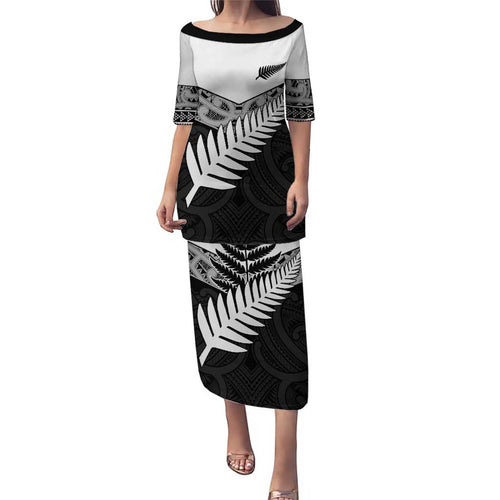 New Zealand Silver Fern Puletasi Maori Koru Mixed Taniko Pattern