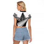 New Zealand Silver Fern Raglan Cropped T Shirt Maori Koru Mixed Taniko Pattern