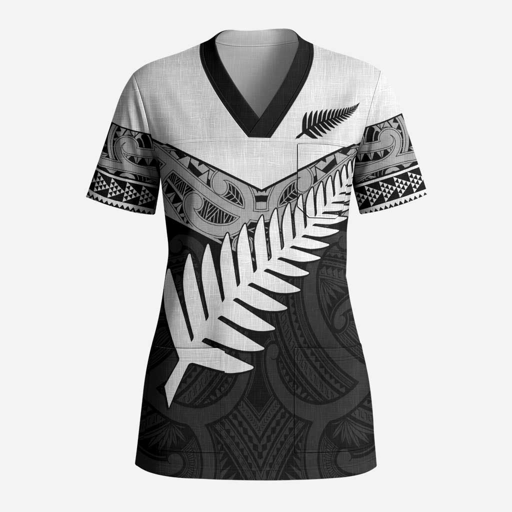 New Zealand Silver Fern Scrub Top Maori Koru Mixed Taniko Pattern - Aussie Hoodie