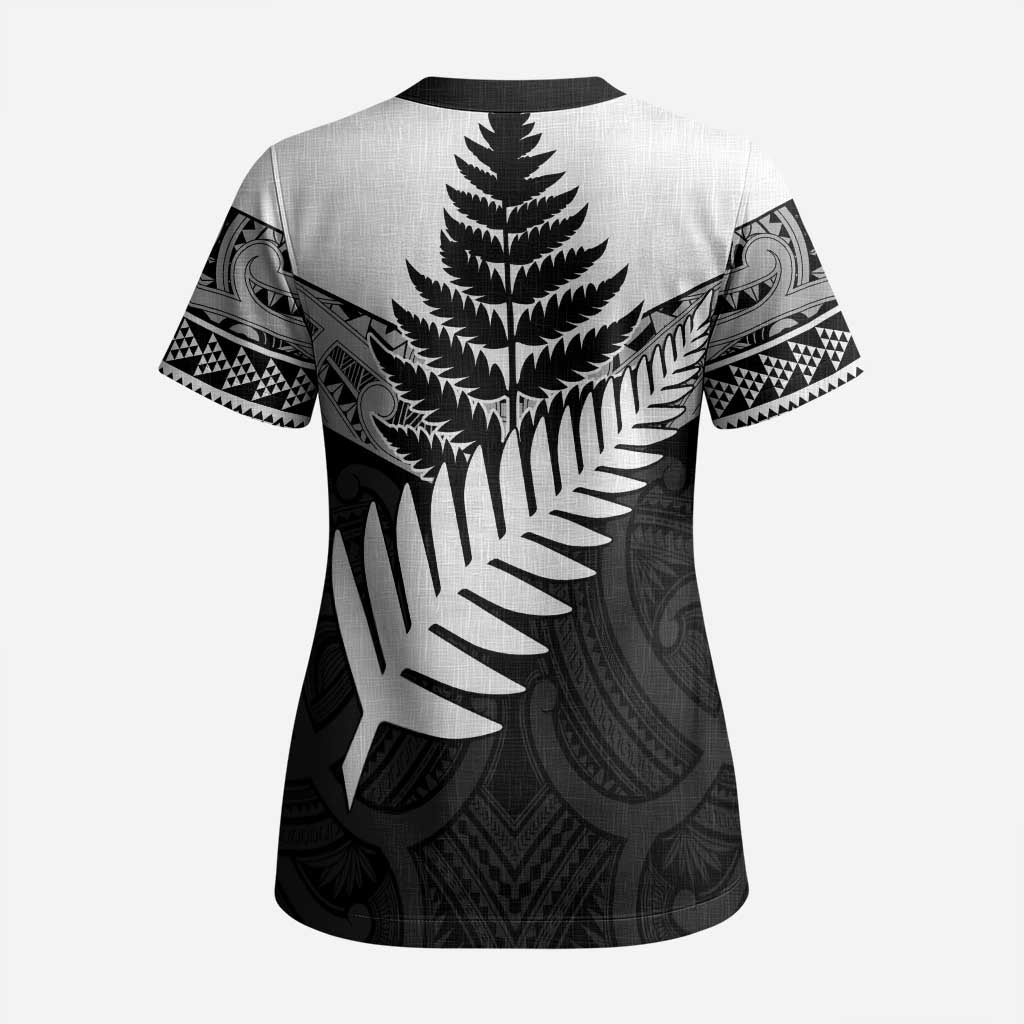 New Zealand Silver Fern Scrub Top Maori Koru Mixed Taniko Pattern - Aussie Hoodie