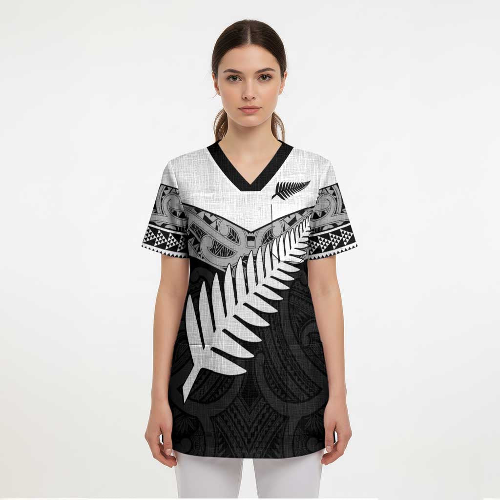 New Zealand Silver Fern Scrub Top Maori Koru Mixed Taniko Pattern - Aussie Hoodie