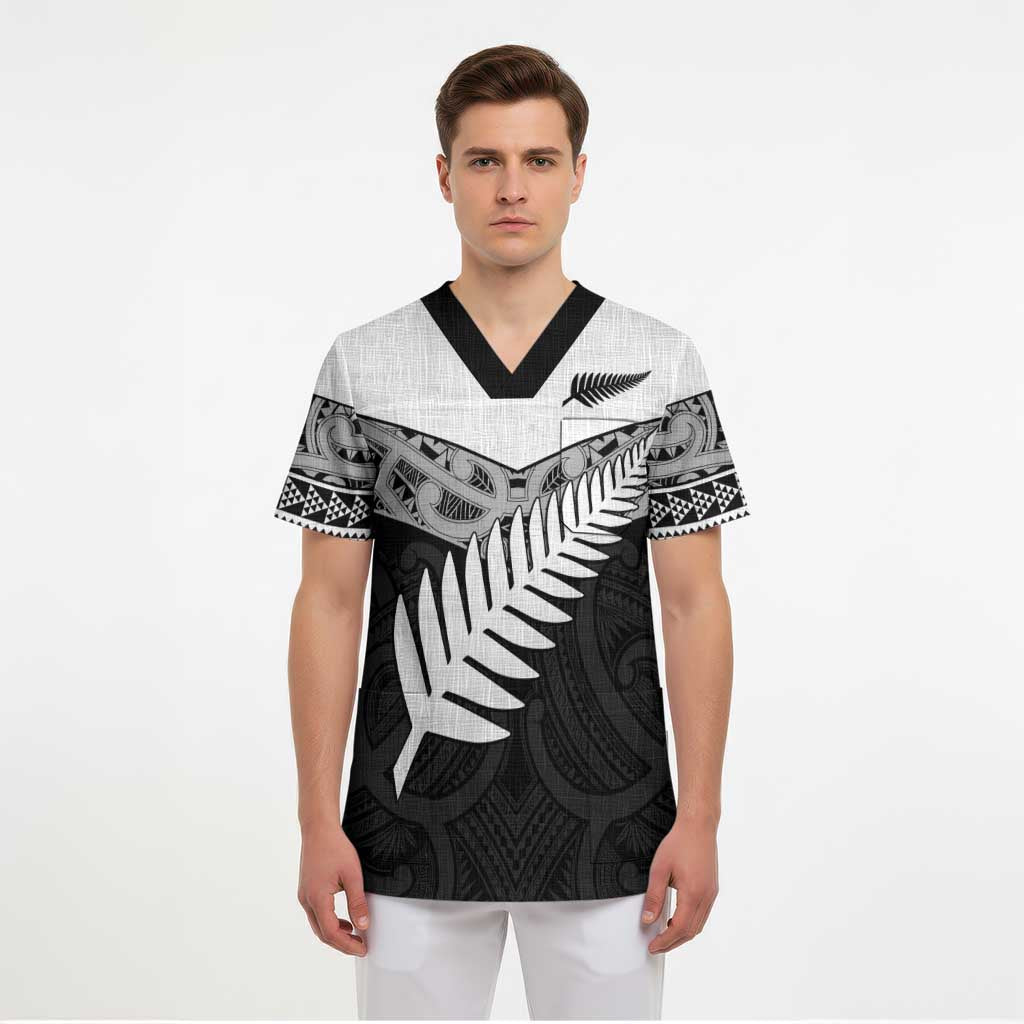 New Zealand Silver Fern Scrub Top Maori Koru Mixed Taniko Pattern - Aussie Hoodie