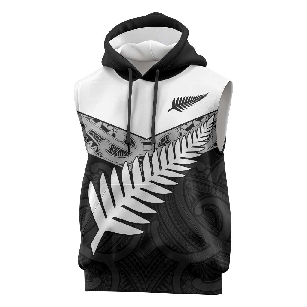 New Zealand Silver Fern Sleeveless Hoodie Maori Koru Mixed Taniko Pattern - Aussie Hoodie