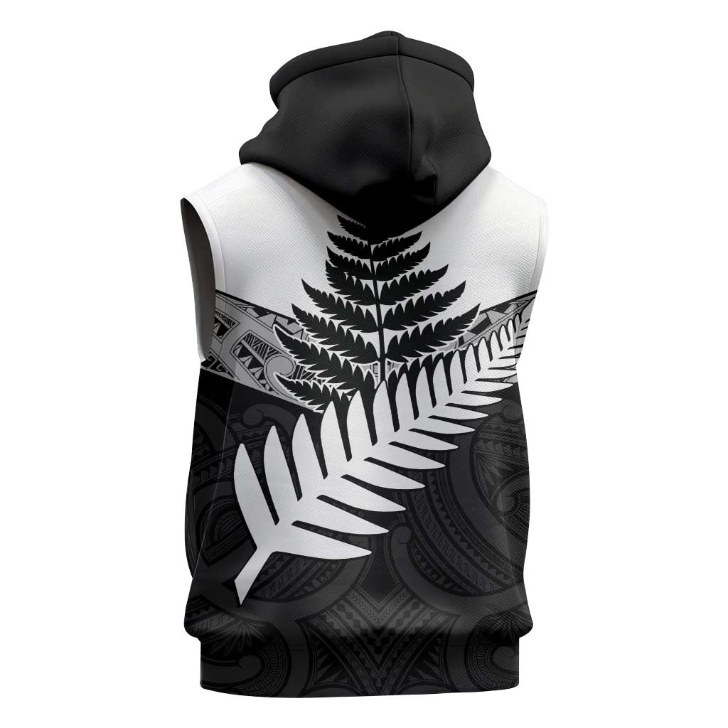 New Zealand Silver Fern Sleeveless Hoodie Maori Koru Mixed Taniko Pattern - Aussie Hoodie
