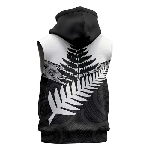 New Zealand Silver Fern Sleeveless Hoodie Maori Koru Mixed Taniko Pattern - Aussie Hoodie