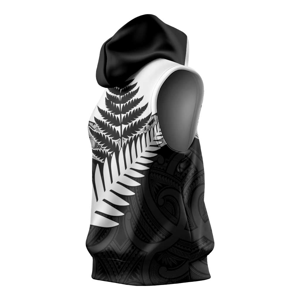 New Zealand Silver Fern Sleeveless Hoodie Maori Koru Mixed Taniko Pattern - Aussie Hoodie