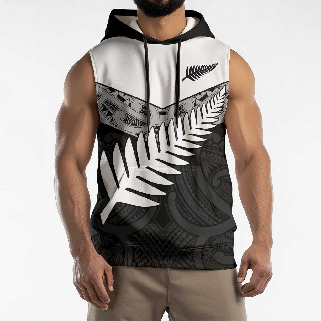 New Zealand Silver Fern Sleeveless Hoodie Maori Koru Mixed Taniko Pattern - Aussie Hoodie