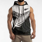 New Zealand Silver Fern Sleeveless Hoodie Maori Koru Mixed Taniko Pattern - Aussie Hoodie