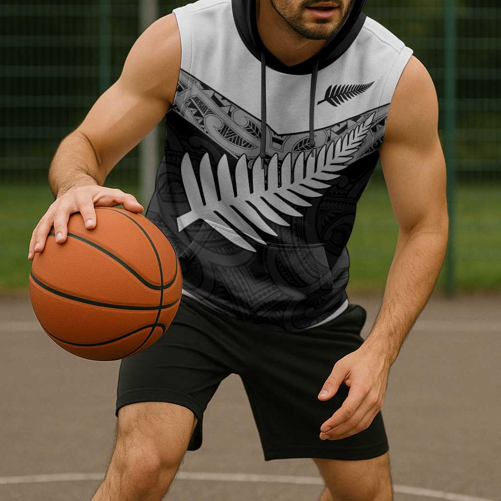 New Zealand Silver Fern Sleeveless Hoodie Maori Koru Mixed Taniko Pattern - Aussie Hoodie