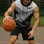 New Zealand Silver Fern Sleeveless Hoodie Maori Koru Mixed Taniko Pattern - Aussie Hoodie