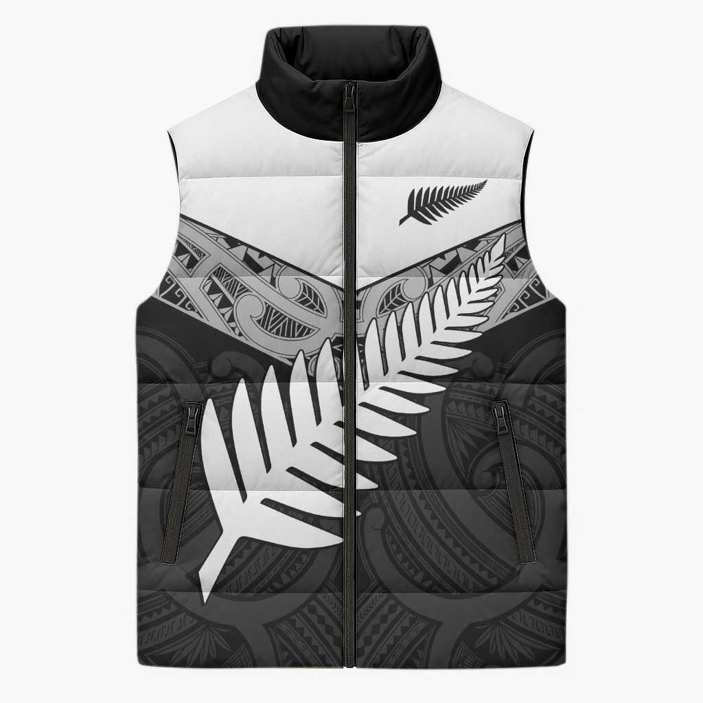 New Zealand Silver Fern Sleeveless Puffer Jacket Maori Koru Mixed Taniko Pattern - Aussie Hoodie