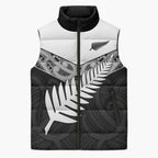New Zealand Silver Fern Sleeveless Puffer Jacket Maori Koru Mixed Taniko Pattern - Aussie Hoodie