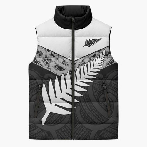 New Zealand Silver Fern Sleeveless Puffer Jacket Maori Koru Mixed Taniko Pattern - Aussie Hoodie