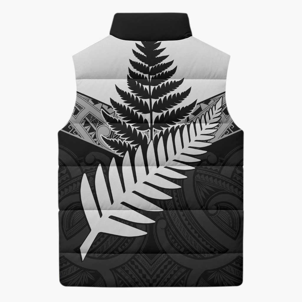 New Zealand Silver Fern Sleeveless Puffer Jacket Maori Koru Mixed Taniko Pattern - Aussie Hoodie