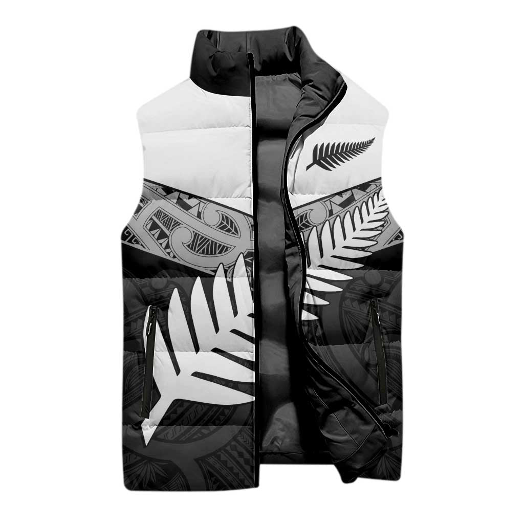 New Zealand Silver Fern Sleeveless Puffer Jacket Maori Koru Mixed Taniko Pattern - Aussie Hoodie