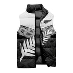 New Zealand Silver Fern Sleeveless Puffer Jacket Maori Koru Mixed Taniko Pattern - Aussie Hoodie