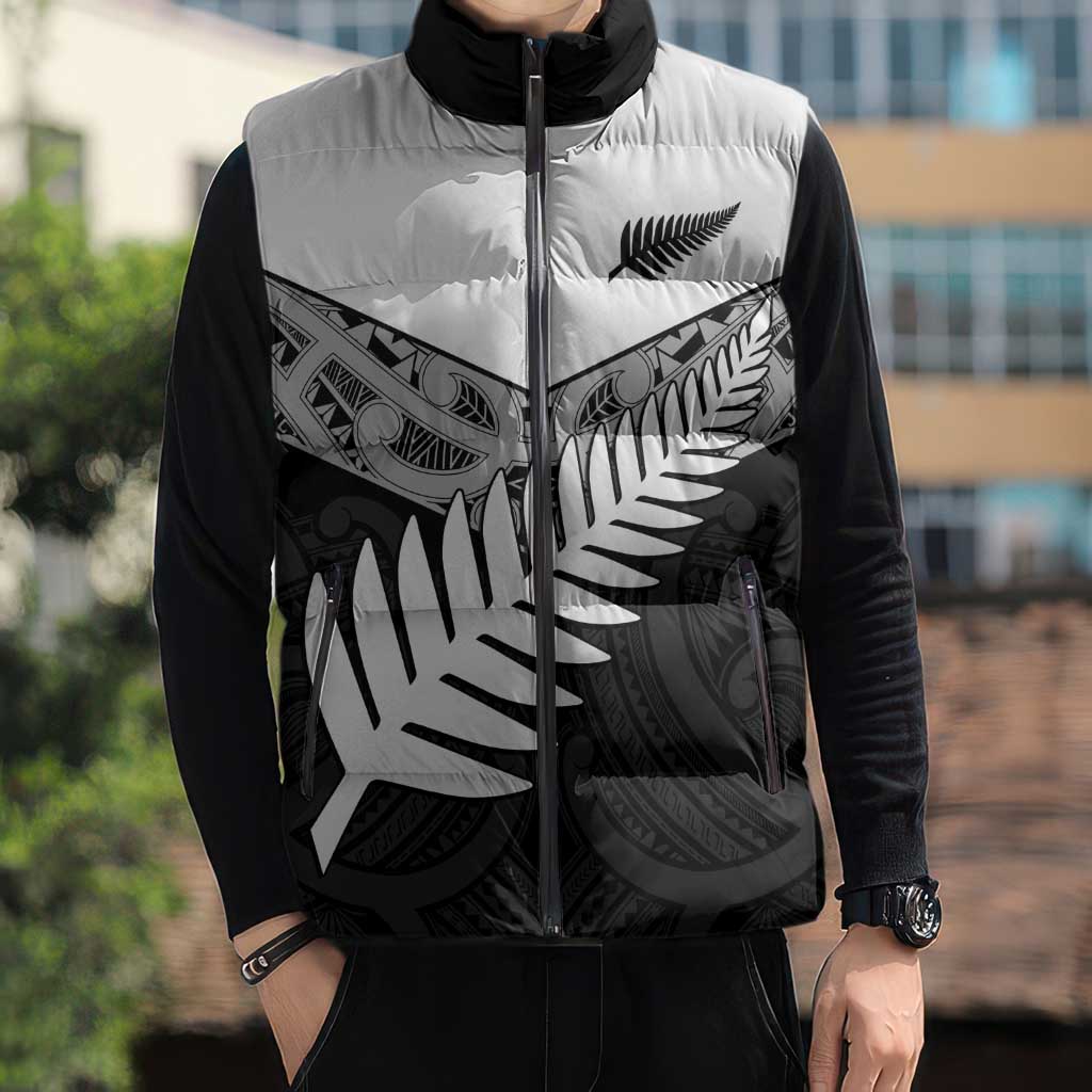 New Zealand Silver Fern Sleeveless Puffer Jacket Maori Koru Mixed Taniko Pattern - Aussie Hoodie