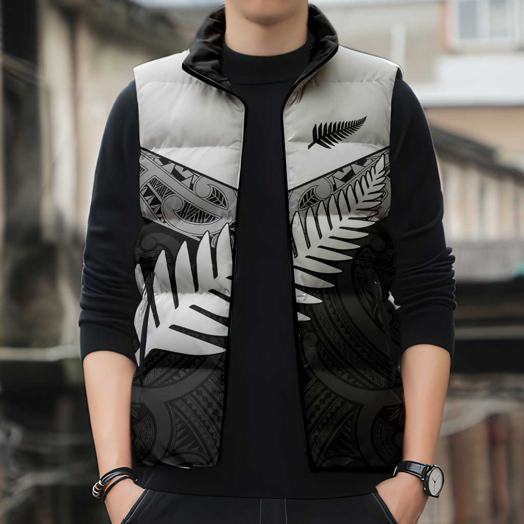 New Zealand Silver Fern Sleeveless Puffer Jacket Maori Koru Mixed Taniko Pattern - Aussie Hoodie