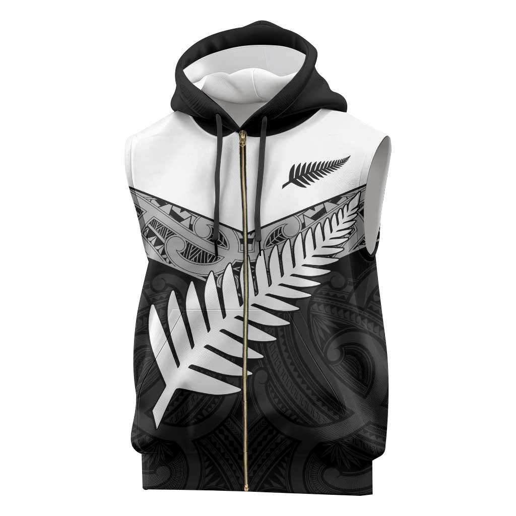 New Zealand Silver Fern Sleeveless Zip Hoodie Maori Koru Mixed Taniko Pattern - Aussie Hoodie