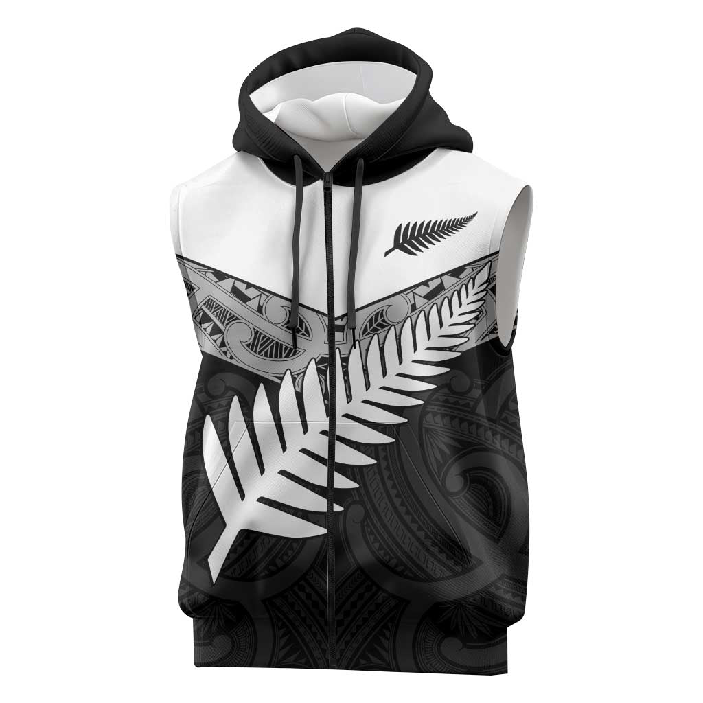 New Zealand Silver Fern Sleeveless Zip Hoodie Maori Koru Mixed Taniko Pattern LT9