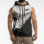 New Zealand Silver Fern Sleeveless Zip Hoodie Maori Koru Mixed Taniko Pattern LT9