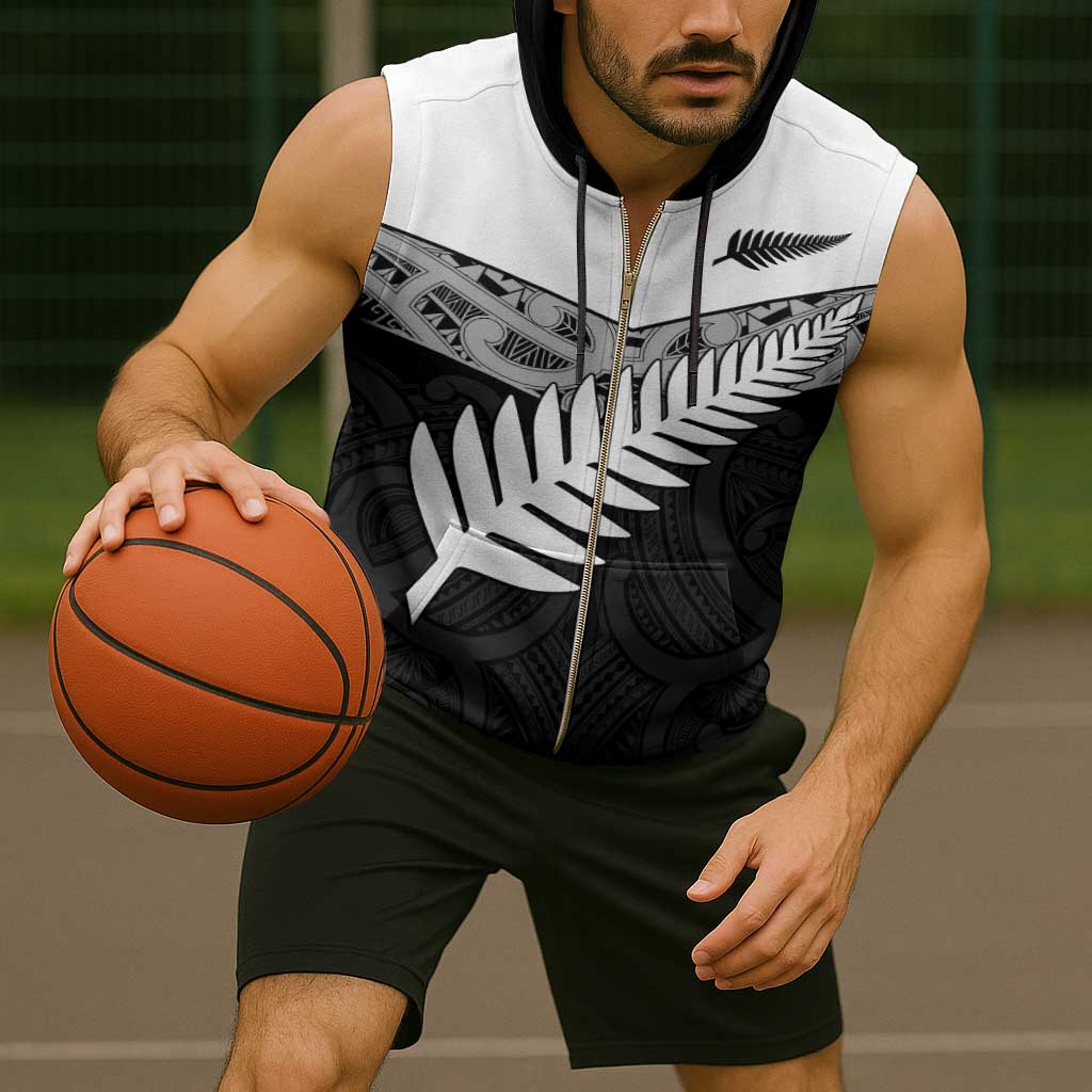 New Zealand Silver Fern Sleeveless Zip Hoodie Maori Koru Mixed Taniko Pattern - Aussie Hoodie