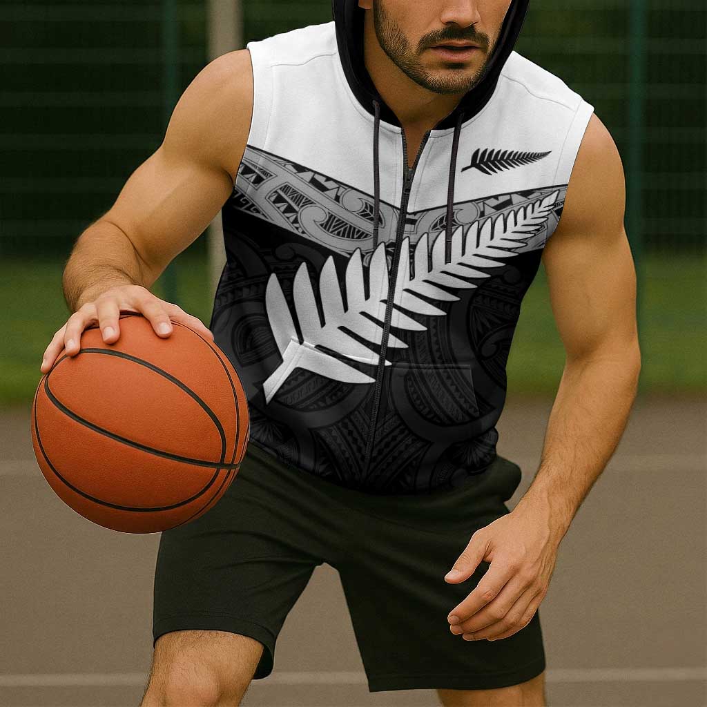 New Zealand Silver Fern Sleeveless Zip Hoodie Maori Koru Mixed Taniko Pattern LT9