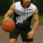 New Zealand Silver Fern Sleeveless Zip Hoodie Maori Koru Mixed Taniko Pattern LT9