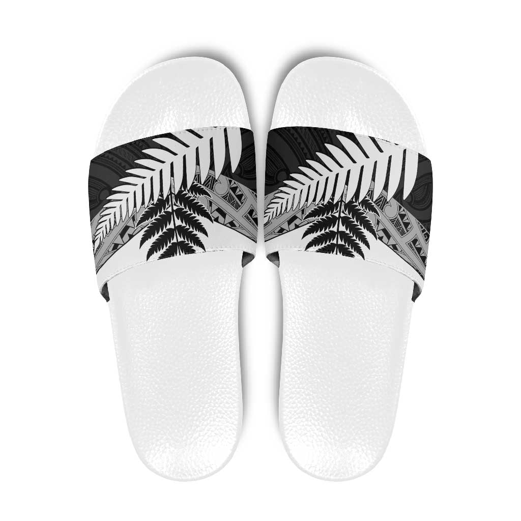 New Zealand Silver Fern Slide Sandals Maori Koru Mixed Taniko Pattern - Aussie Hoodie