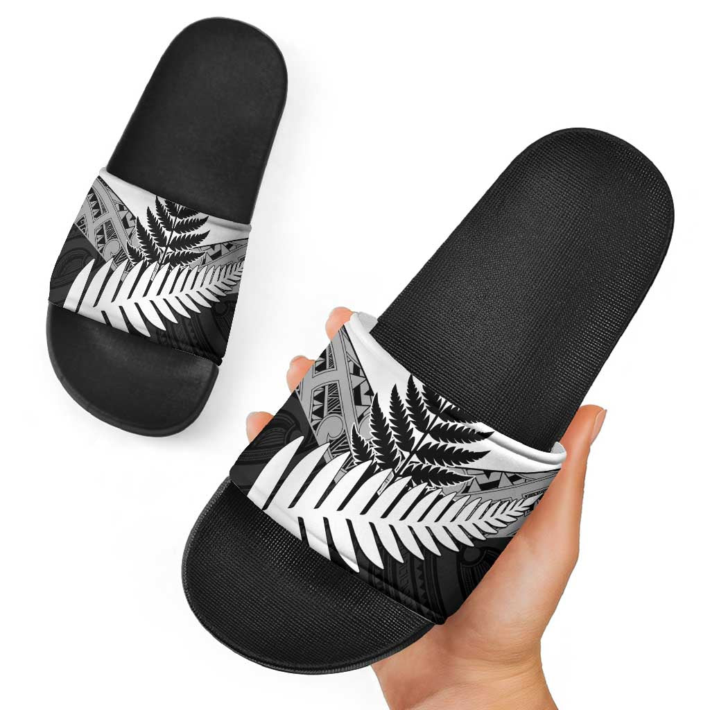 New Zealand Silver Fern Slide Sandals Maori Koru Mixed Taniko Pattern - Aussie Hoodie