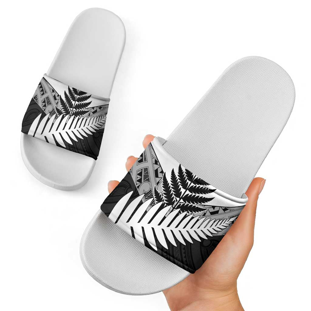 New Zealand Silver Fern Slide Sandals Maori Koru Mixed Taniko Pattern - Aussie Hoodie