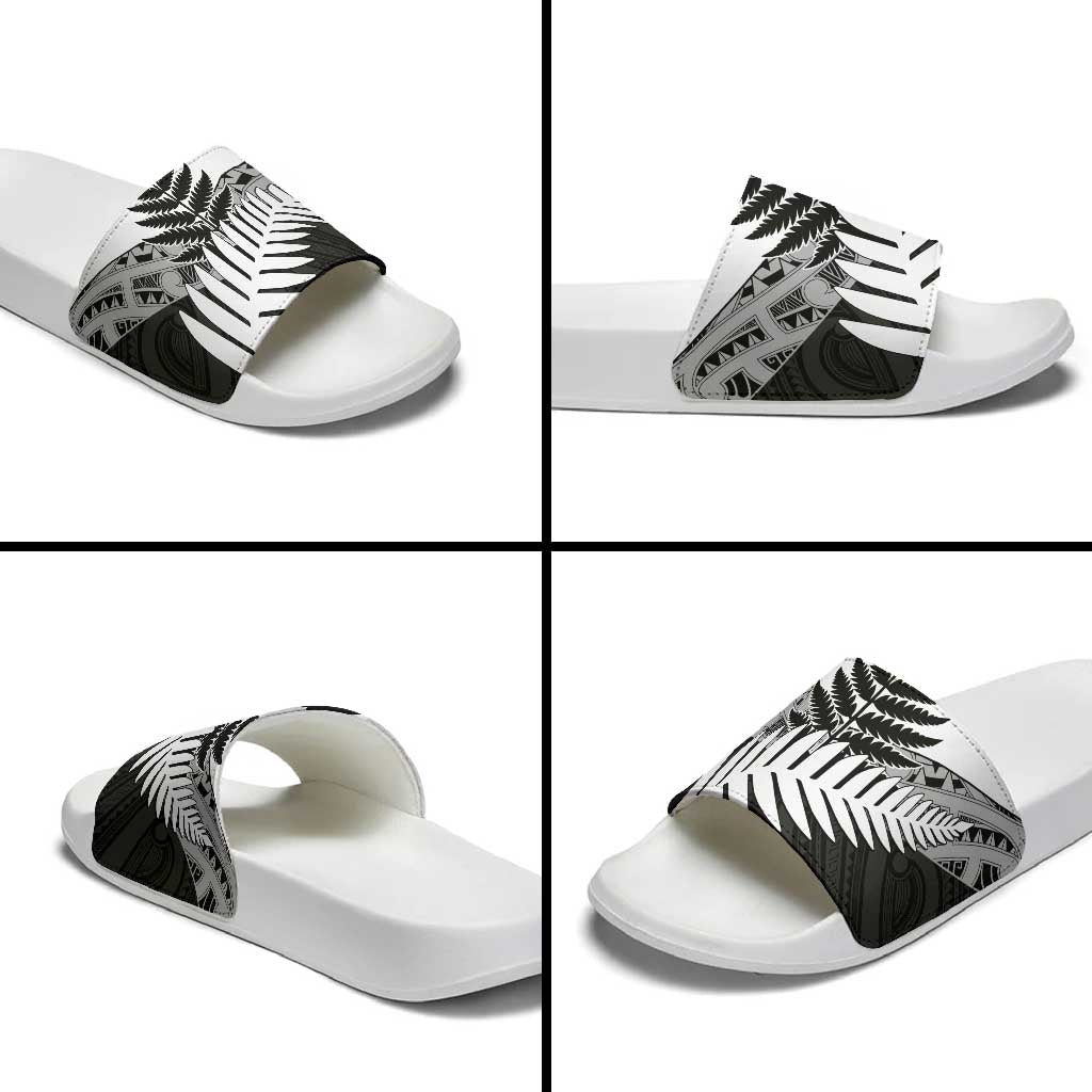 New Zealand Silver Fern Slide Sandals Maori Koru Mixed Taniko Pattern - Aussie Hoodie