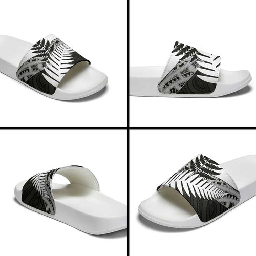New Zealand Silver Fern Slide Sandals Maori Koru Mixed Taniko Pattern - Aussie Hoodie