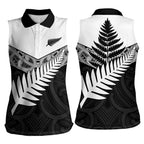 New Zealand Silver Fern Women Sleeveless Polo Shirt Maori Koru Mixed Taniko Pattern