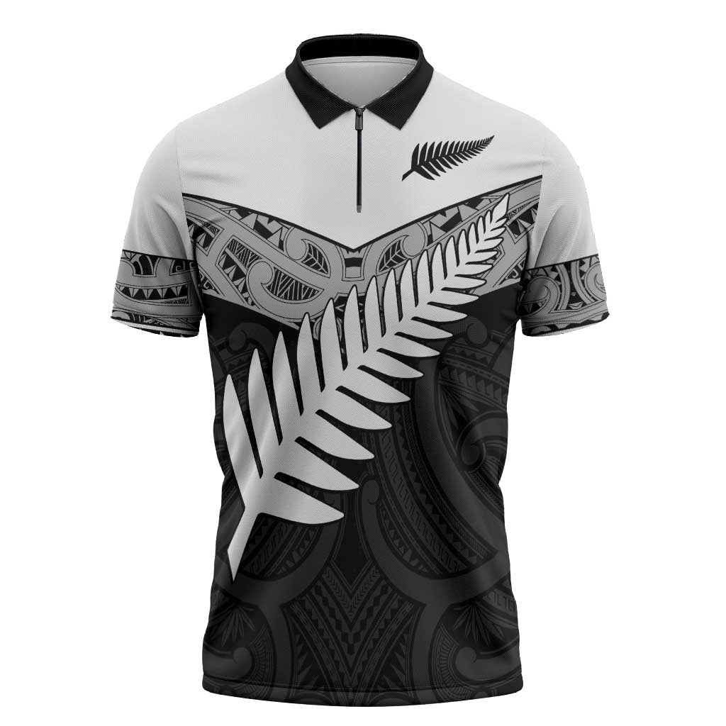 New Zealand Silver Fern Zipper Polo Shirt Maori Koru Mixed Taniko Pattern - Aussie Hoodie