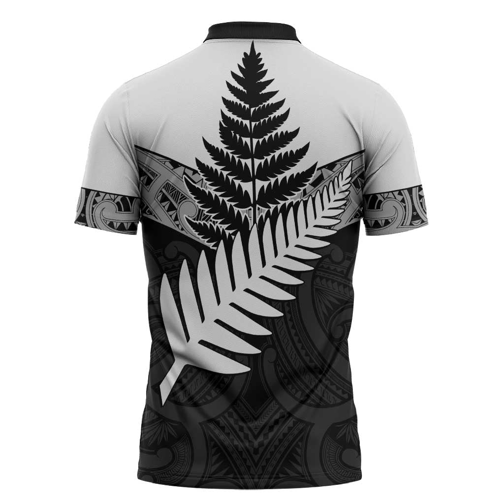 New Zealand Silver Fern Zipper Polo Shirt Maori Koru Mixed Taniko Pattern - Aussie Hoodie
