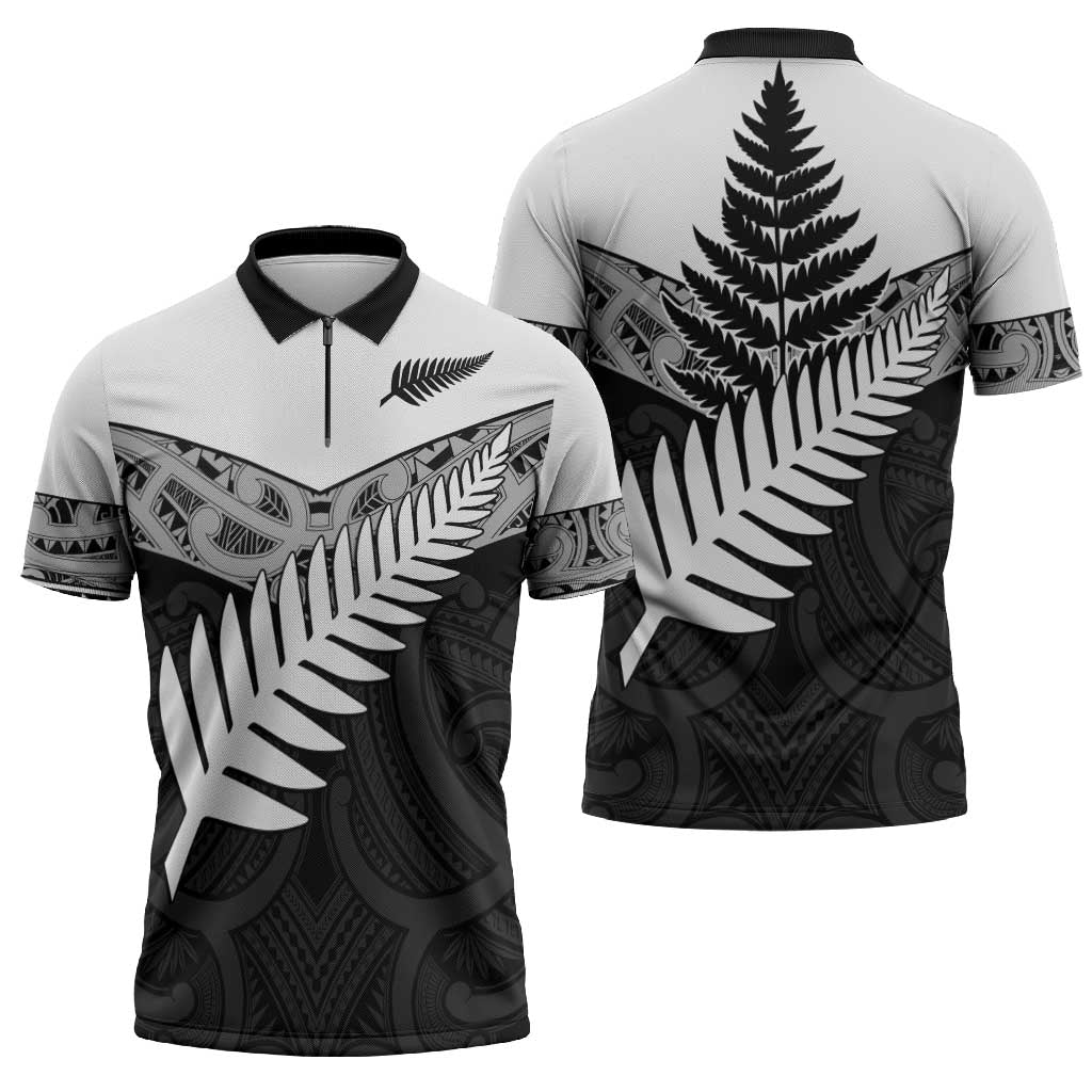 New Zealand Silver Fern Zipper Polo Shirt Maori Koru Mixed Taniko Pattern - Aussie Hoodie