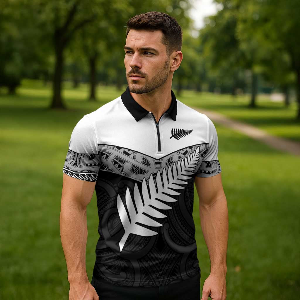 New Zealand Silver Fern Zipper Polo Shirt Maori Koru Mixed Taniko Pattern - Aussie Hoodie