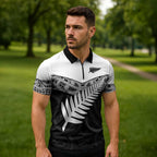 New Zealand Silver Fern Zipper Polo Shirt Maori Koru Mixed Taniko Pattern - Aussie Hoodie