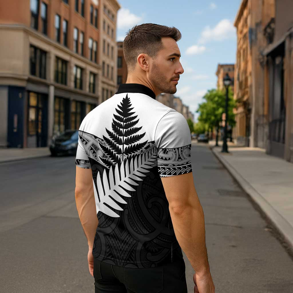 New Zealand Silver Fern Zipper Polo Shirt Maori Koru Mixed Taniko Pattern - Aussie Hoodie