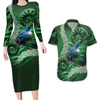 Tui Bird Koru Silver Fern Aotearoa Couples Matching Long Sleeve Bodycon Dress and Hawaiian Shirt