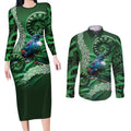 Tui Bird Koru Silver Fern Aotearoa Couples Matching Long Sleeve Bodycon Dress and Long Sleeve Button Shirt