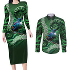 Tui Bird Koru Silver Fern Aotearoa Couples Matching Long Sleeve Bodycon Dress and Long Sleeve Button Shirt