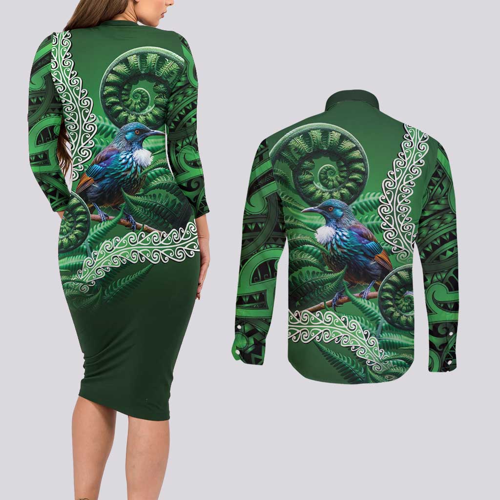 Tui Bird Koru Silver Fern Aotearoa Couples Matching Long Sleeve Bodycon Dress and Long Sleeve Button Shirt