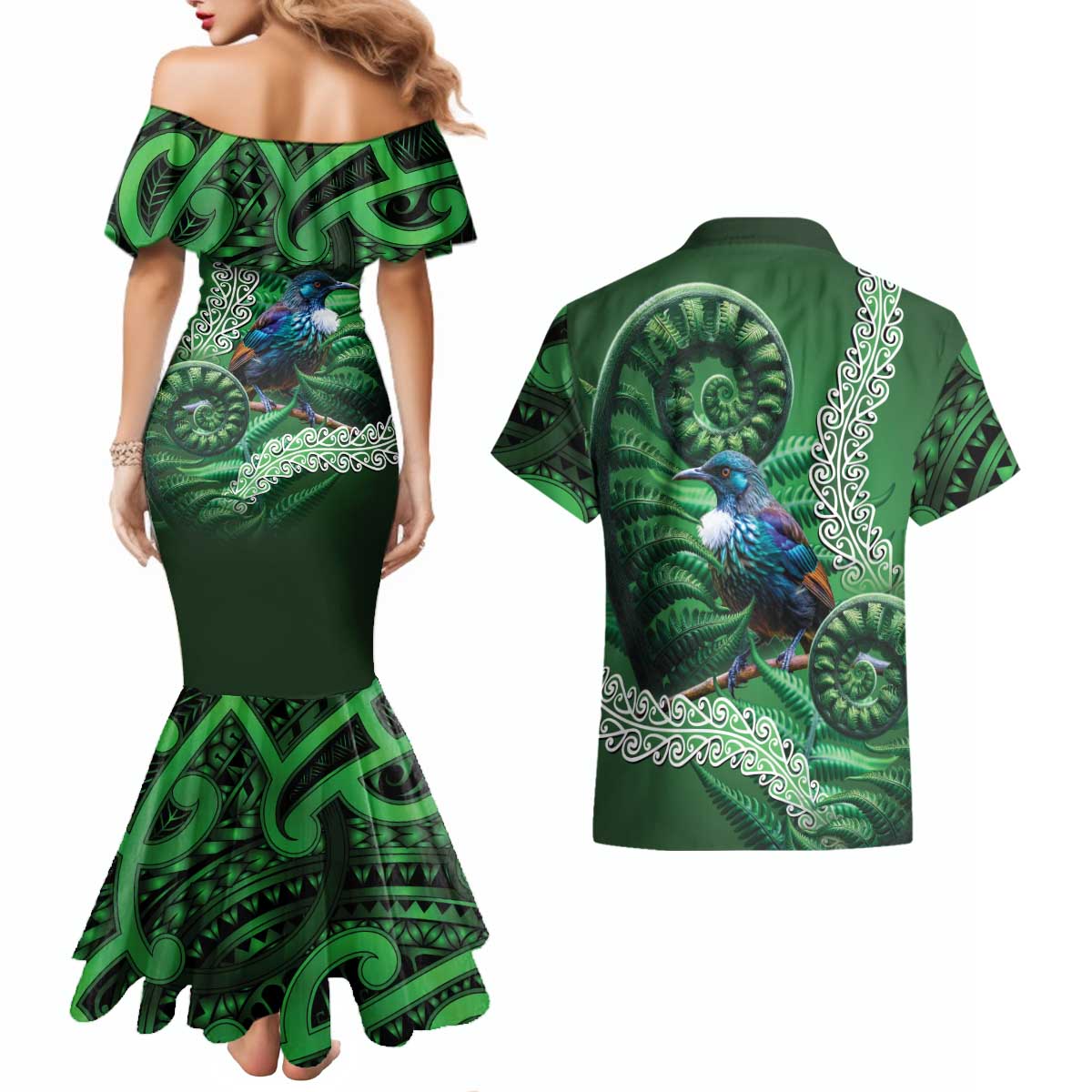 Tui Bird Koru Silver Fern Aotearoa Couples Matching Mermaid Dress and Hawaiian Shirt