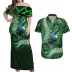 Tui Bird Koru Silver Fern Aotearoa Couples Matching Off Shoulder Maxi Dress and Hawaiian Shirt